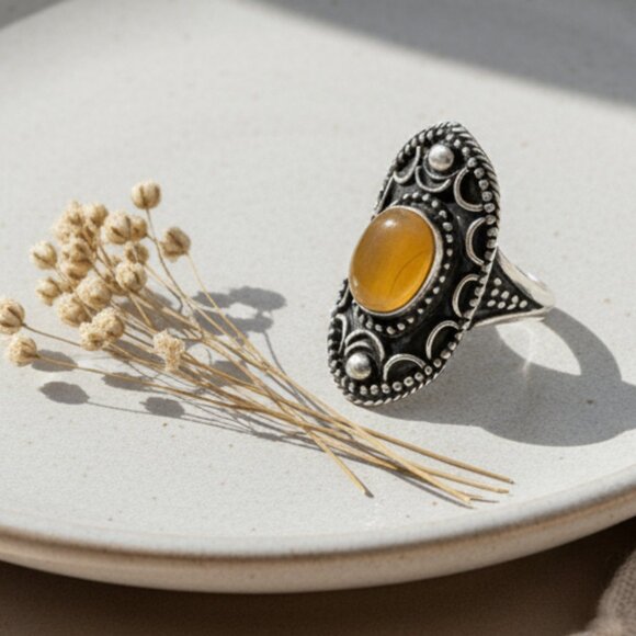 🆕️ Boho Vintage Statement Ring | Yellow Onyx Gemstone | Adjustable Size 8-10 - Picture 8 of 14
